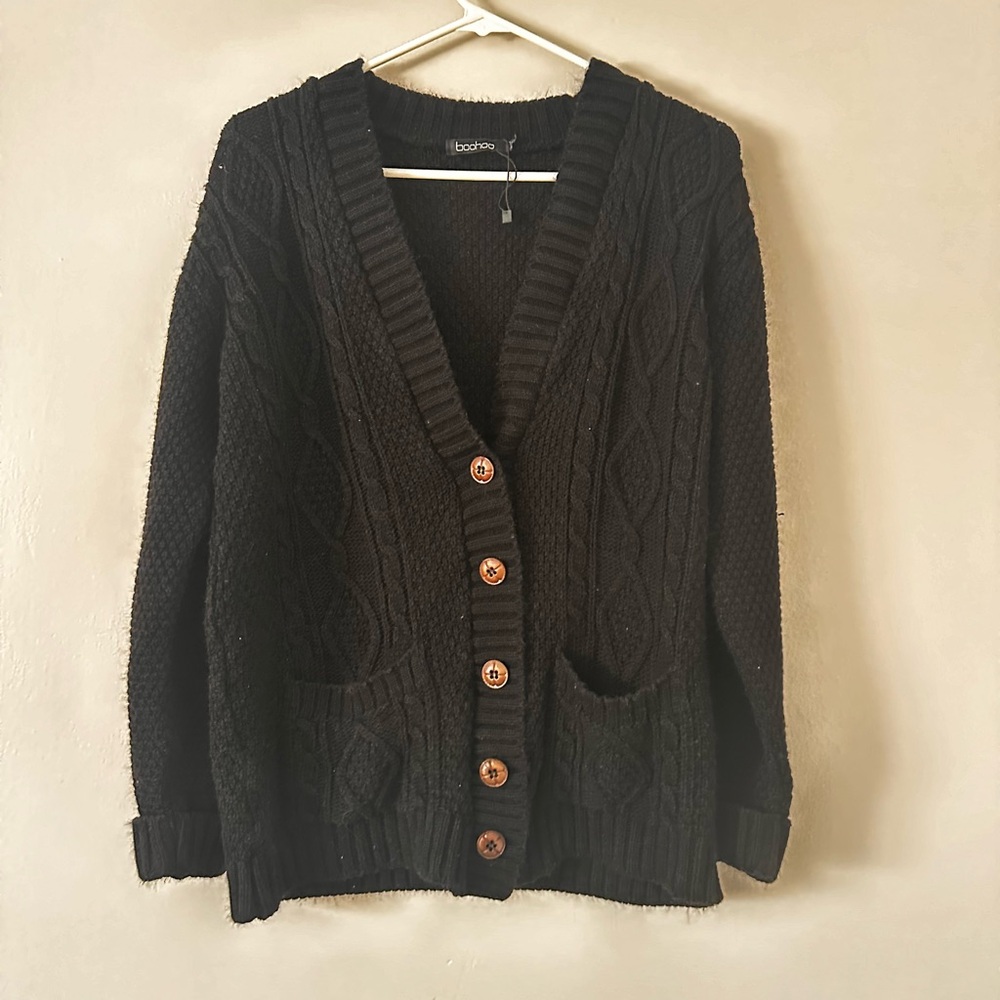 Boohoo Black Cable Knit Cardigan Sweater